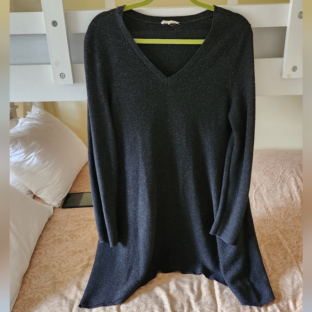 eileen fisher v neck long tunic sweater linen blend minimalist lagenlook med